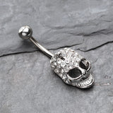 Detail View 2 of Cross Gem Paved Hardcore Skull Belly Button Ring-Clear Gem