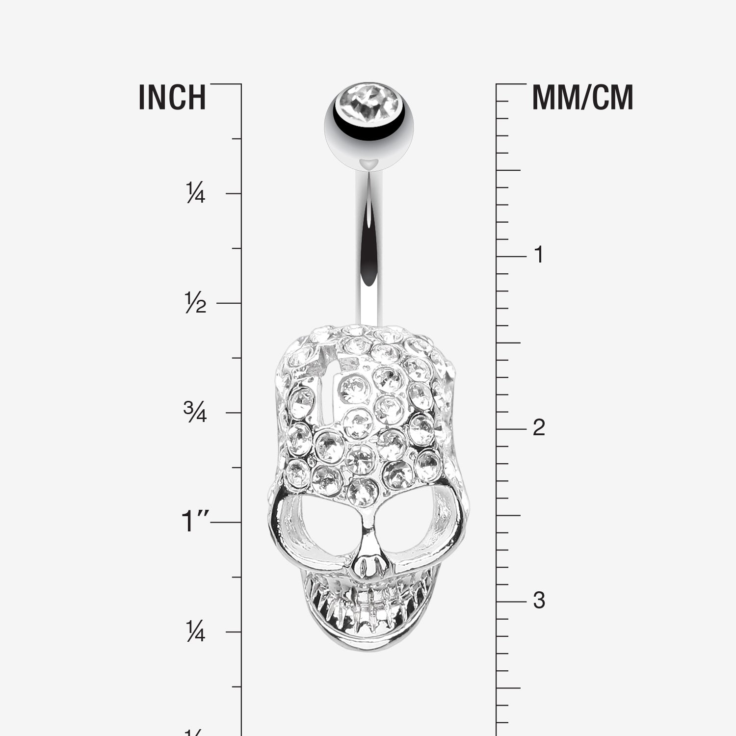 Detail View 1 of Cross Gem Paved Hardcore Skull Belly Button Ring-Clear Gem
