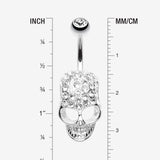 Detail View 1 of Cross Gem Paved Hardcore Skull Belly Button Ring-Clear Gem