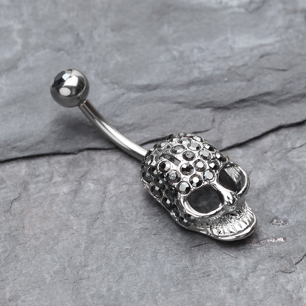 Detail View 2 of Cross Gem Paved Hardcore Skull Belly Button Ring-Hematite