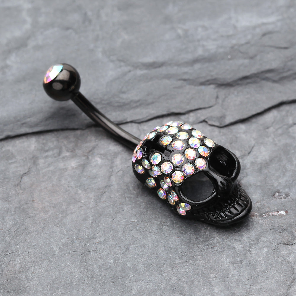 Detail View 2 of Skull Fury Multi-Gem Belly Button Ring-Black/Aurora Borealis