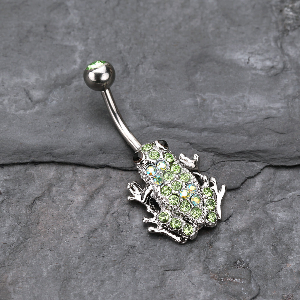 Detail View 2 of Jumping Frog Multi-Gem Belly Button Ring-Light Green/Aurora Borealis