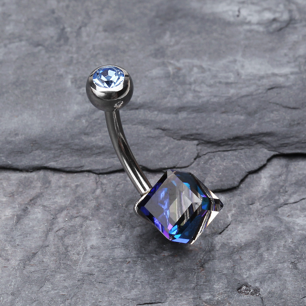 Detail View 2 of Prism Cube Box Belly Button Ring-Blue