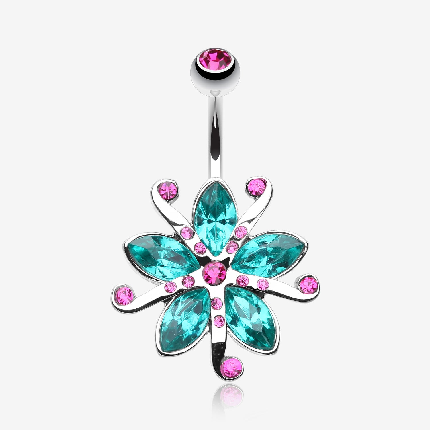 Glistening Lily Blossome Flower Belly Button Ring-Fuchsia/Teal