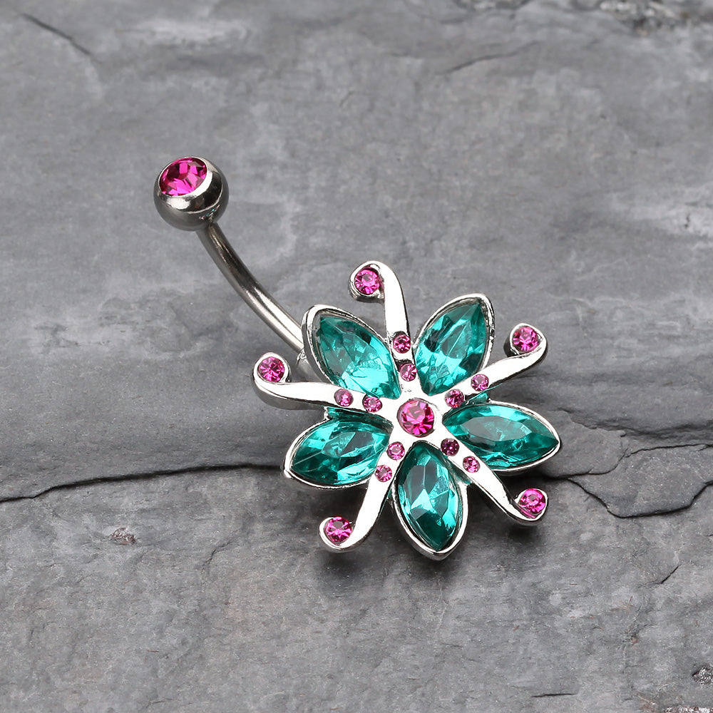 Detail View 2 of Glistening Lily Blossome Flower Belly Button Ring-Fuchsia/Teal