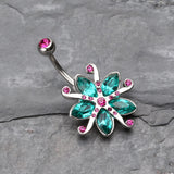 Detail View 2 of Glistening Lily Blossome Flower Belly Button Ring-Fuchsia/Teal