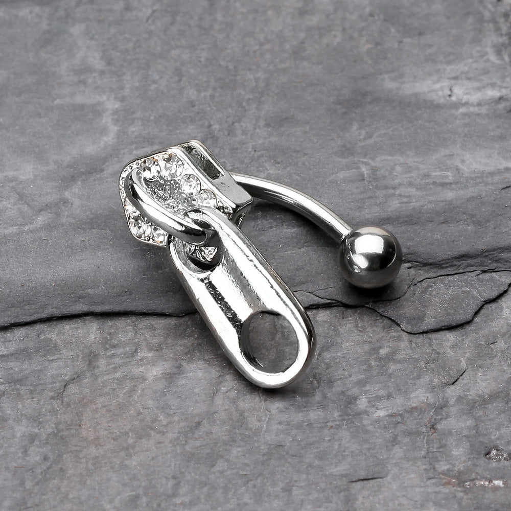 Detail View 2 of Paved Gem Zipper Reverse Belly Button Ring-Clear Gem