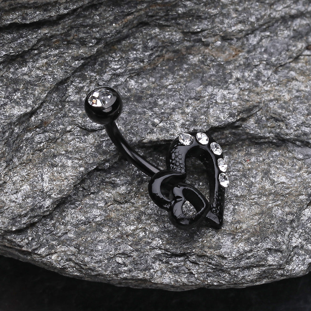 Detail View 2 of Blackline Heart on Heart Belly Ring-Clear Gem