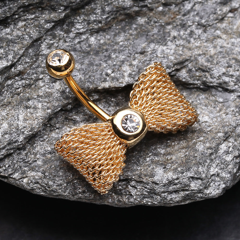 Detail View 2 of Golden Adorable Mesh Bow-Tie Belly Ring-Clear Gem