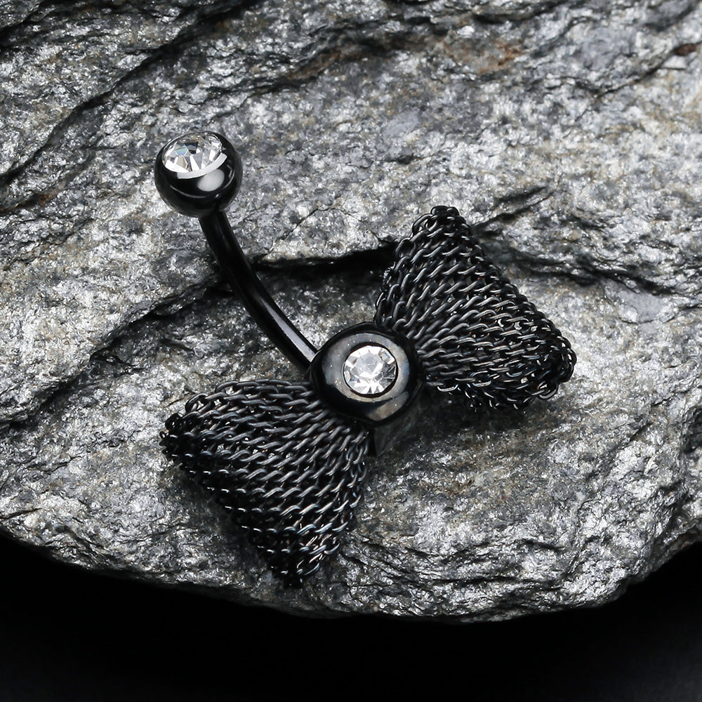 Detail View 2 of Colorline Mesh Bow-Tie Belly Button Ring-Black/Clear