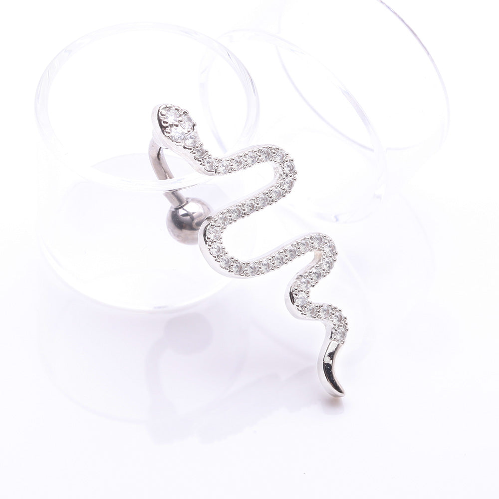 Detail View 2 of Snake Sparkle Top Down Reverse Belly Button Ring-Clear Gem
