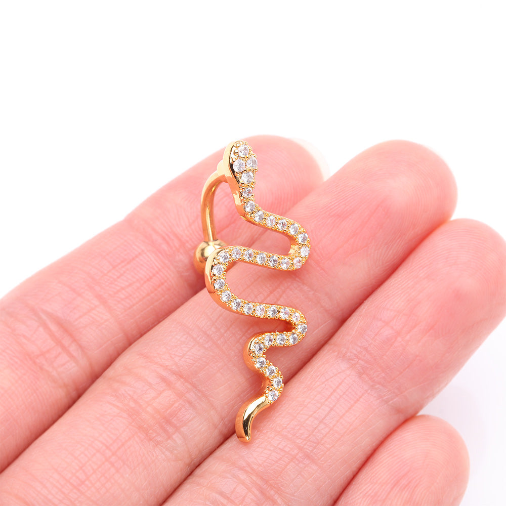 Detail View 3 of Golden Snake Sparkle Top Down Reverse Belly Button Ring-Clear Gem