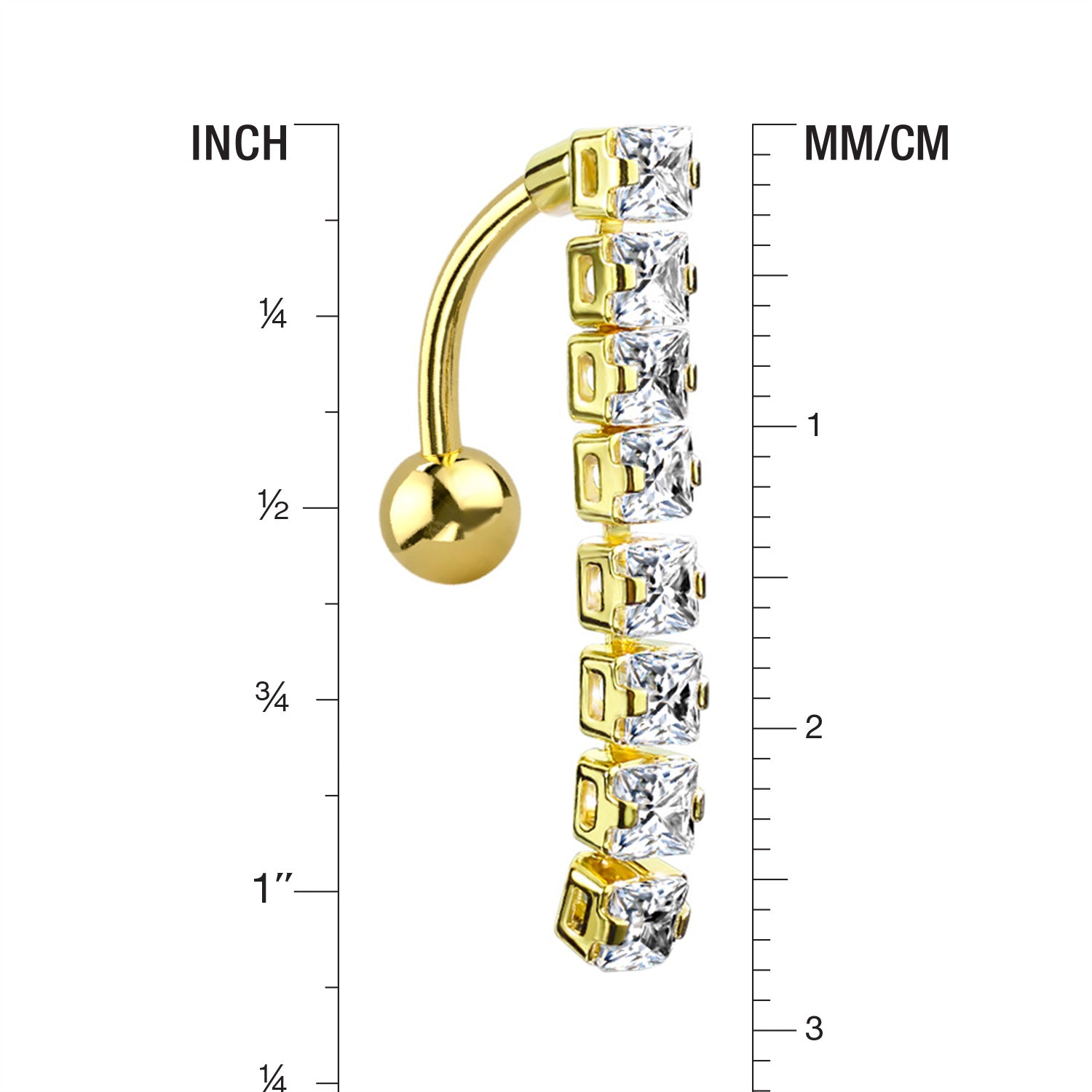 Detail View 1 of Golden Classic Princess Gems Vertical Sparkle Reverse Belly Button Ring-Clear Gem