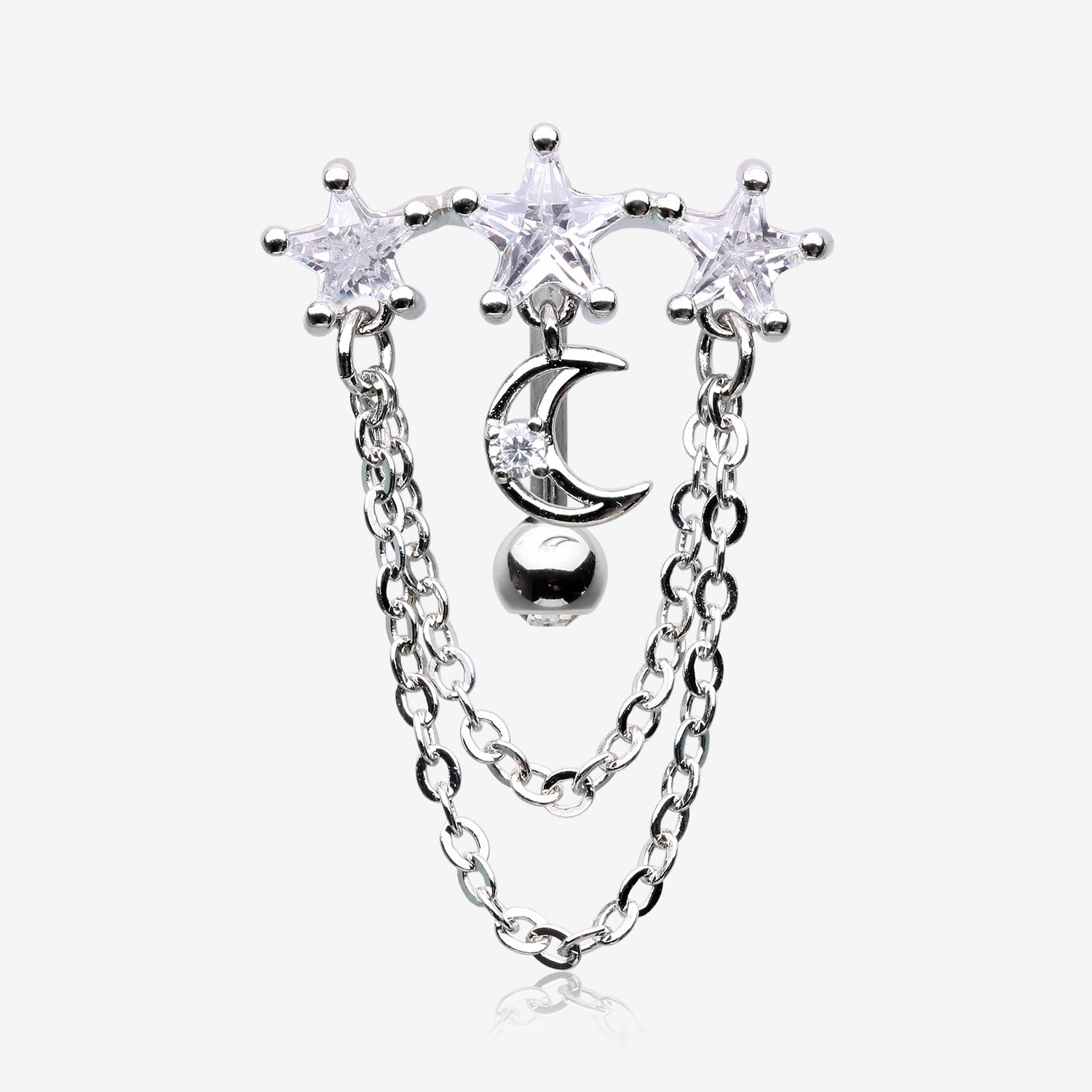 Celestial Stars and Moon Sparkle Chained Top Down Reverse Belly Button Ring-Clear Gem
