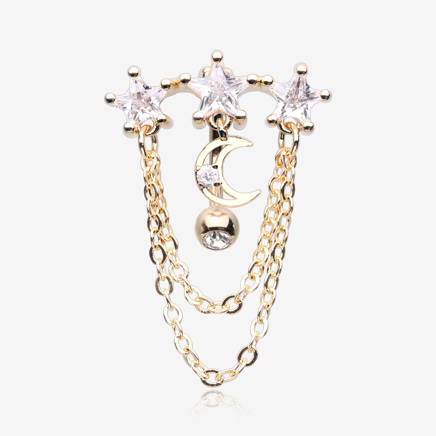Golden Celestial Stars and Moon Sparkle Chained Top Down Reverse Belly Button Ring-Clear Gem