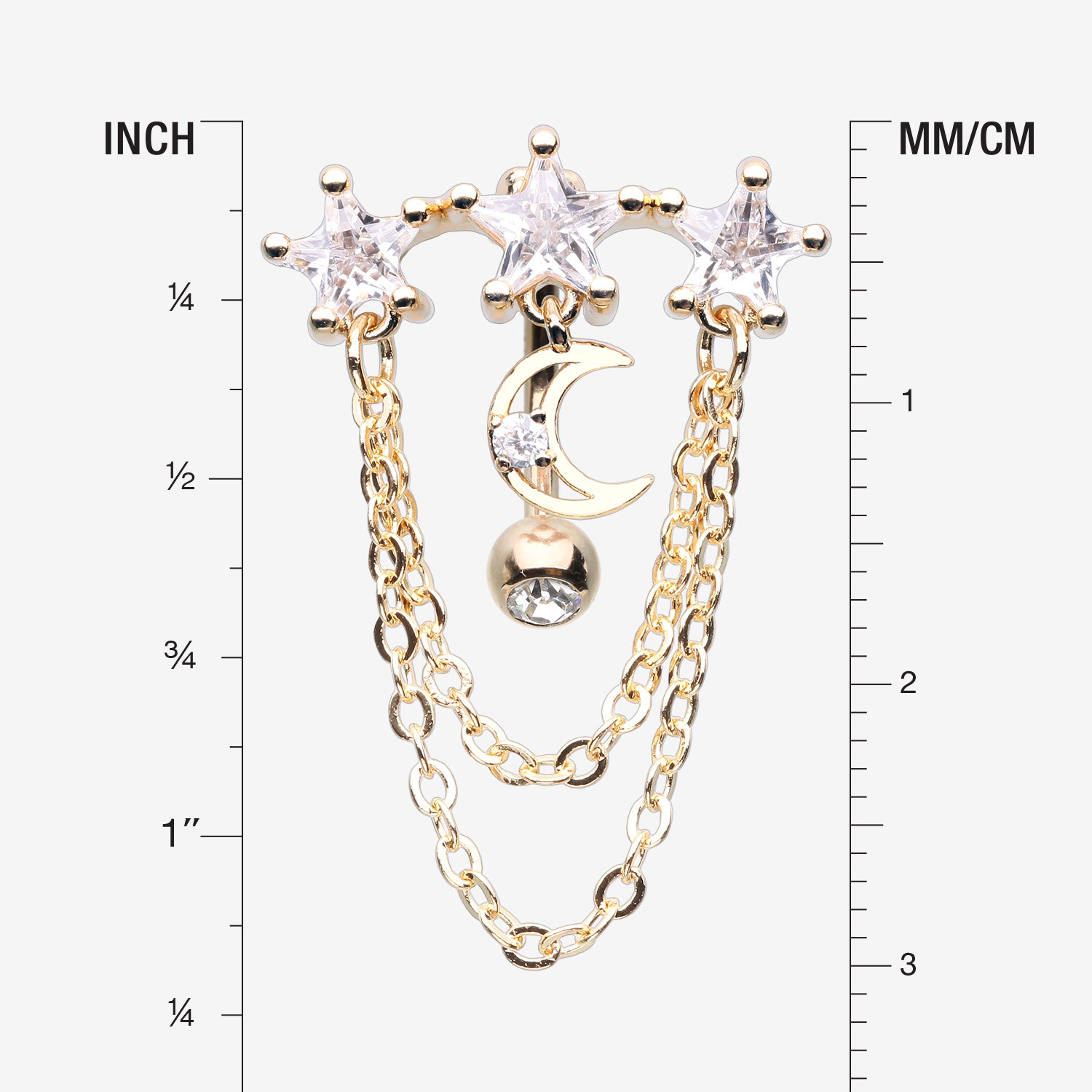 Detail View 1 of Golden Celestial Stars and Moon Sparkle Chained Top Down Reverse Belly Button Ring-Clear Gem