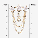 Detail View 1 of Golden Celestial Stars and Moon Sparkle Chained Top Down Reverse Belly Button Ring-Clear Gem