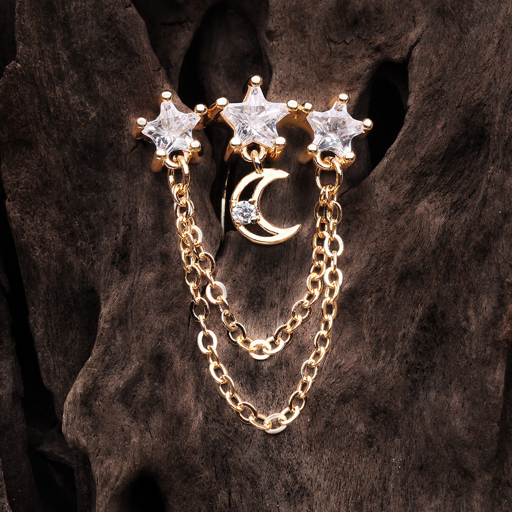 Detail View 2 of Golden Celestial Stars and Moon Sparkle Chained Top Down Reverse Belly Button Ring-Clear Gem