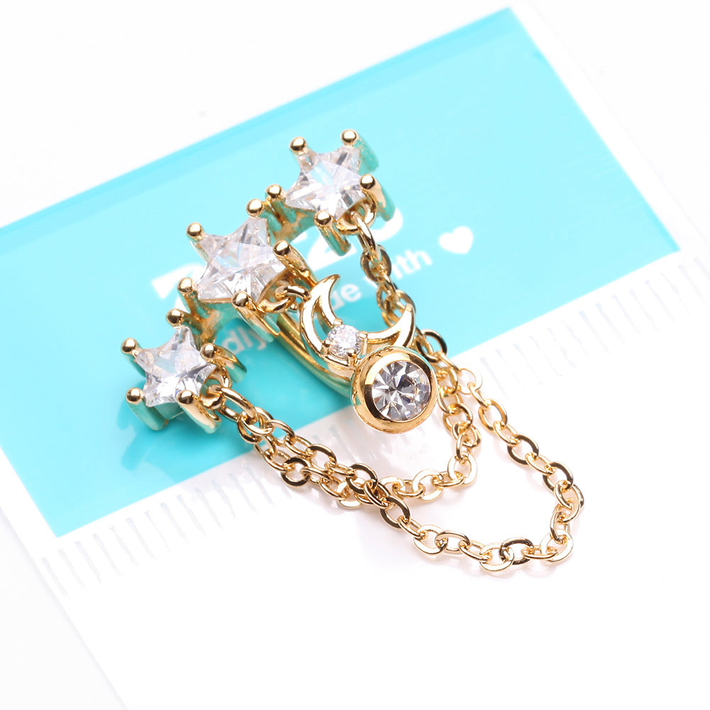 Detail View 3 of Golden Celestial Stars and Moon Sparkle Chained Top Down Reverse Belly Button Ring-Clear Gem