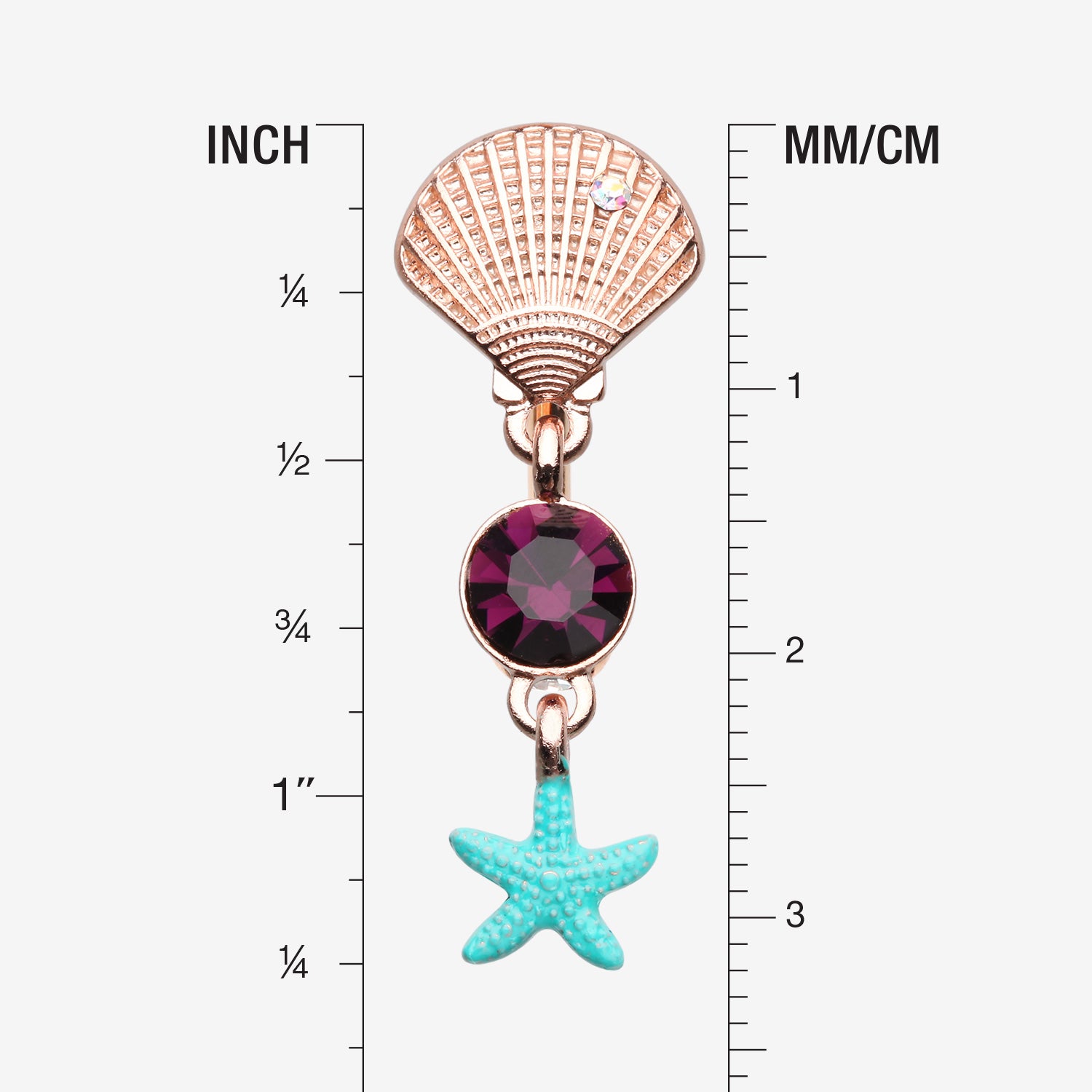 Detail View 1 of Rose Gold Ariel's Shell Starfish Sparkle Reverse Belly Button Ring-Aurora Borealis/Purple/Aurora Borealis