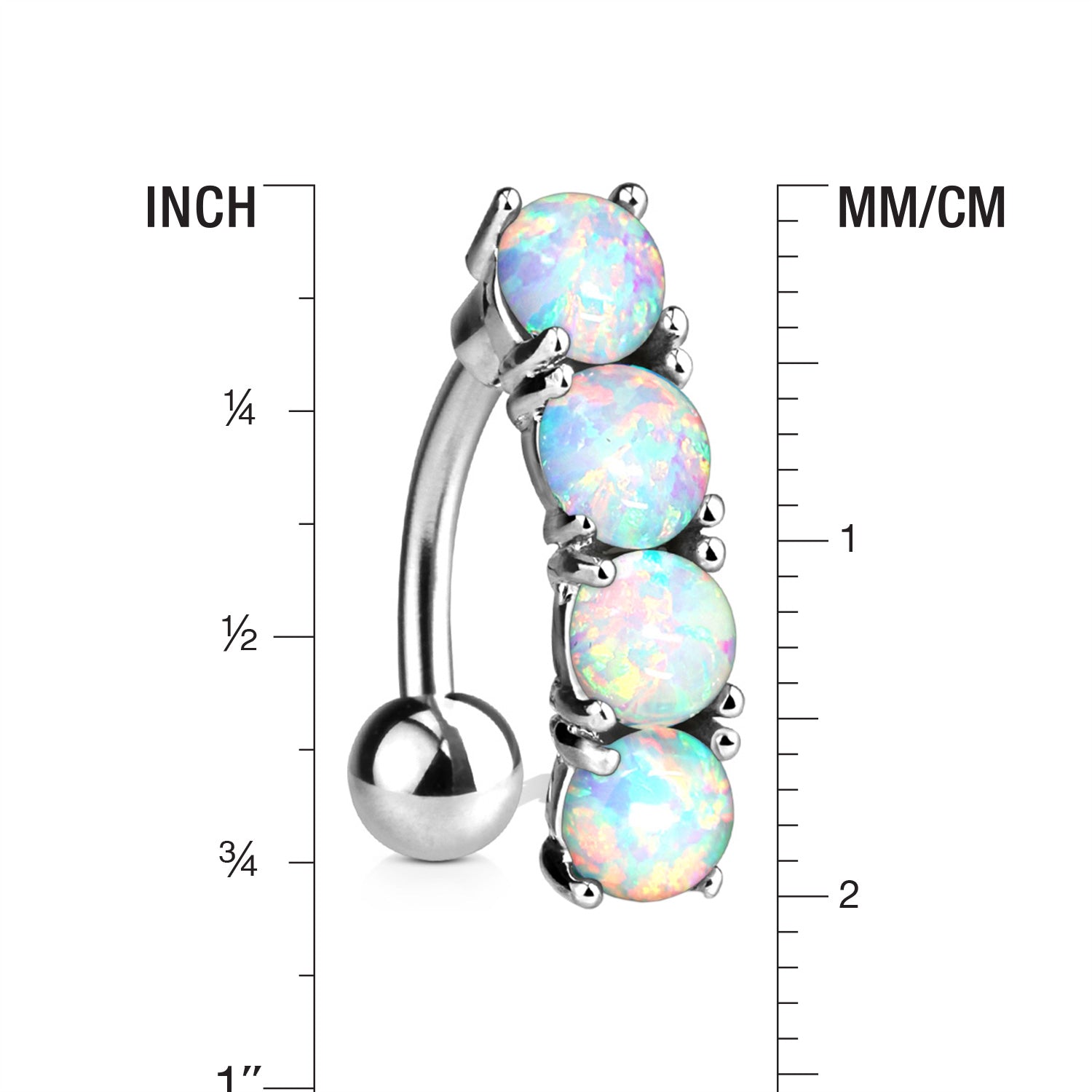 Detail View 1 of Classic Fire Opal Vertical Sparkle Reverse Belly Button Ring-White Opal