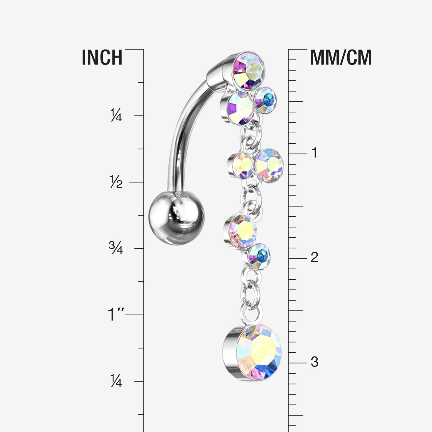 Detail View 1 of Cascading Sparkle Bauble Chandelier Reverse Belly Button Ring-Aurora Borealis