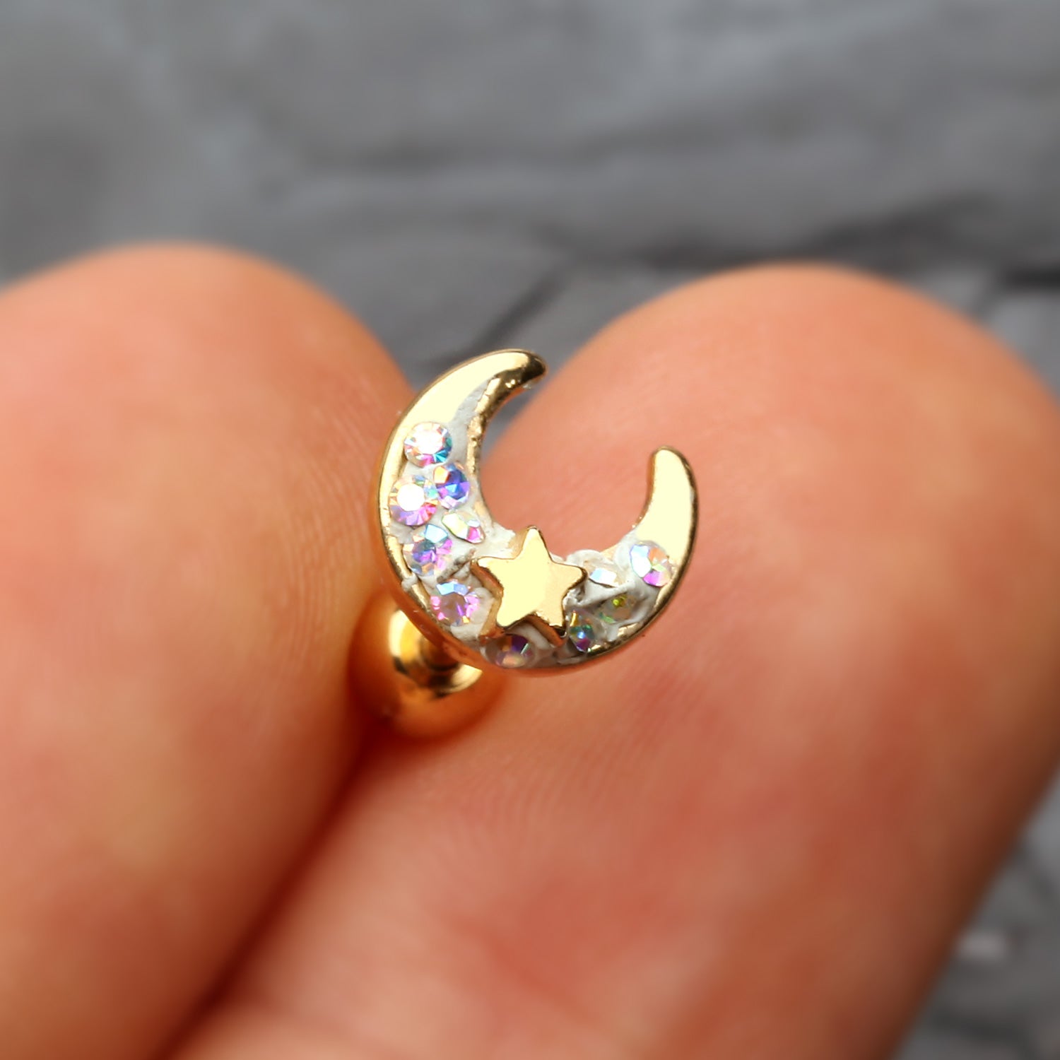 Detail View 1 of Golden Crescent Moon Star Sparkle Cartilage Tragus Barbell-Aurora Borealis