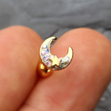 Detail View 1 of Golden Crescent Moon Star Sparkle Cartilage Tragus Barbell-Aurora Borealis