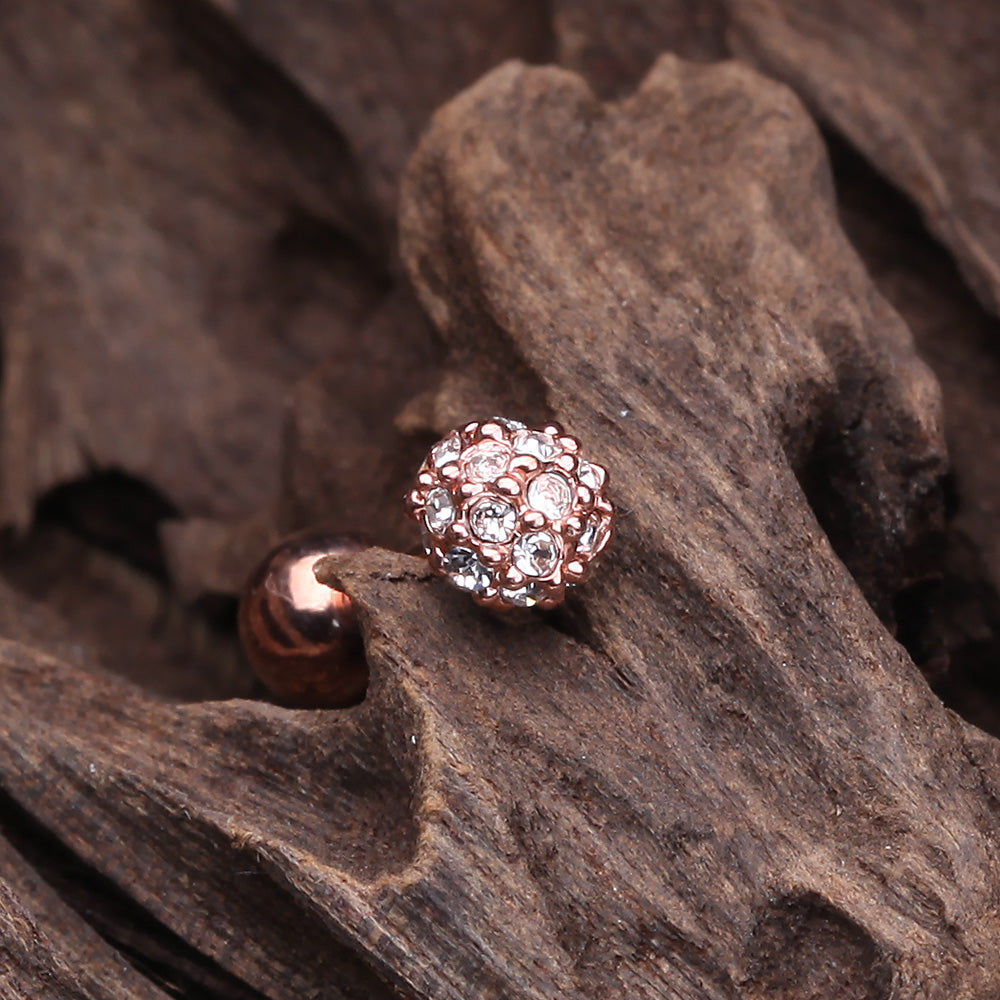 Detail View 2 of Rose Gold Pave Sparkle Full Dome Cartilage Tragus Earring-Clear Gem
