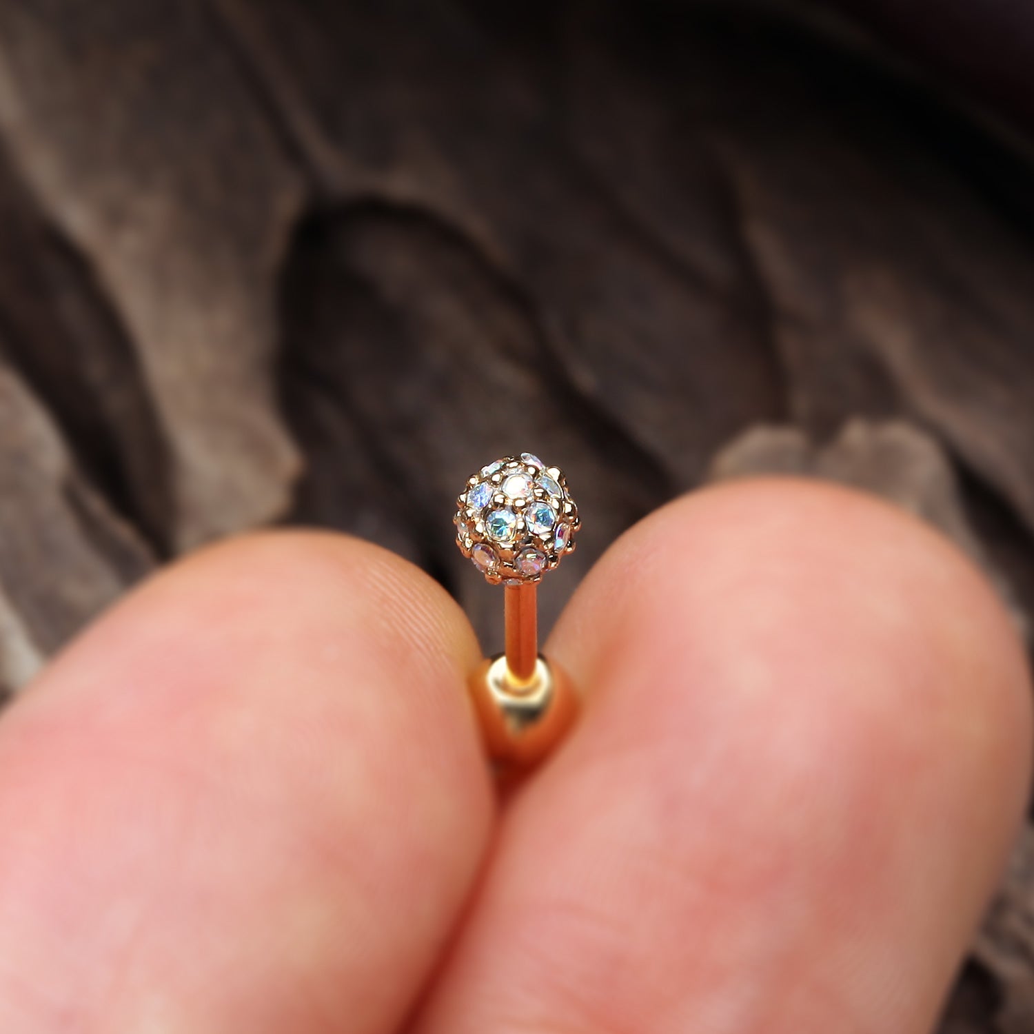 Detail View 1 of Golden Pave Sparkle Full Dome Cartilage Tragus Earring-Aurora Borealis