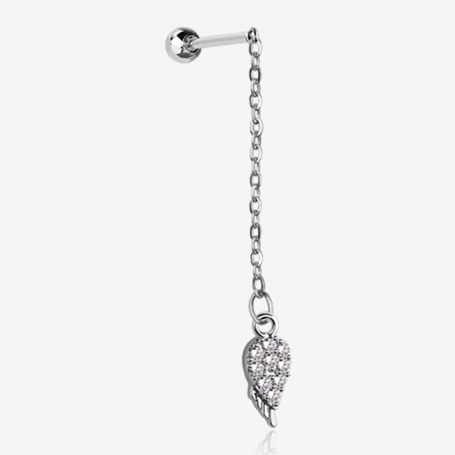 Chained Sparkle Feather Teardrop Dangle Cartilage Barbell Earring-Clear Gem