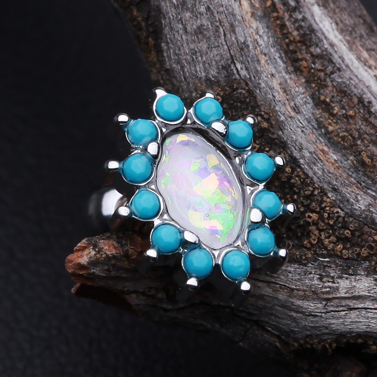 Detail View 1 of Elegant Opal Turquoise Cartilage Tragus Earring-Turquoise/White