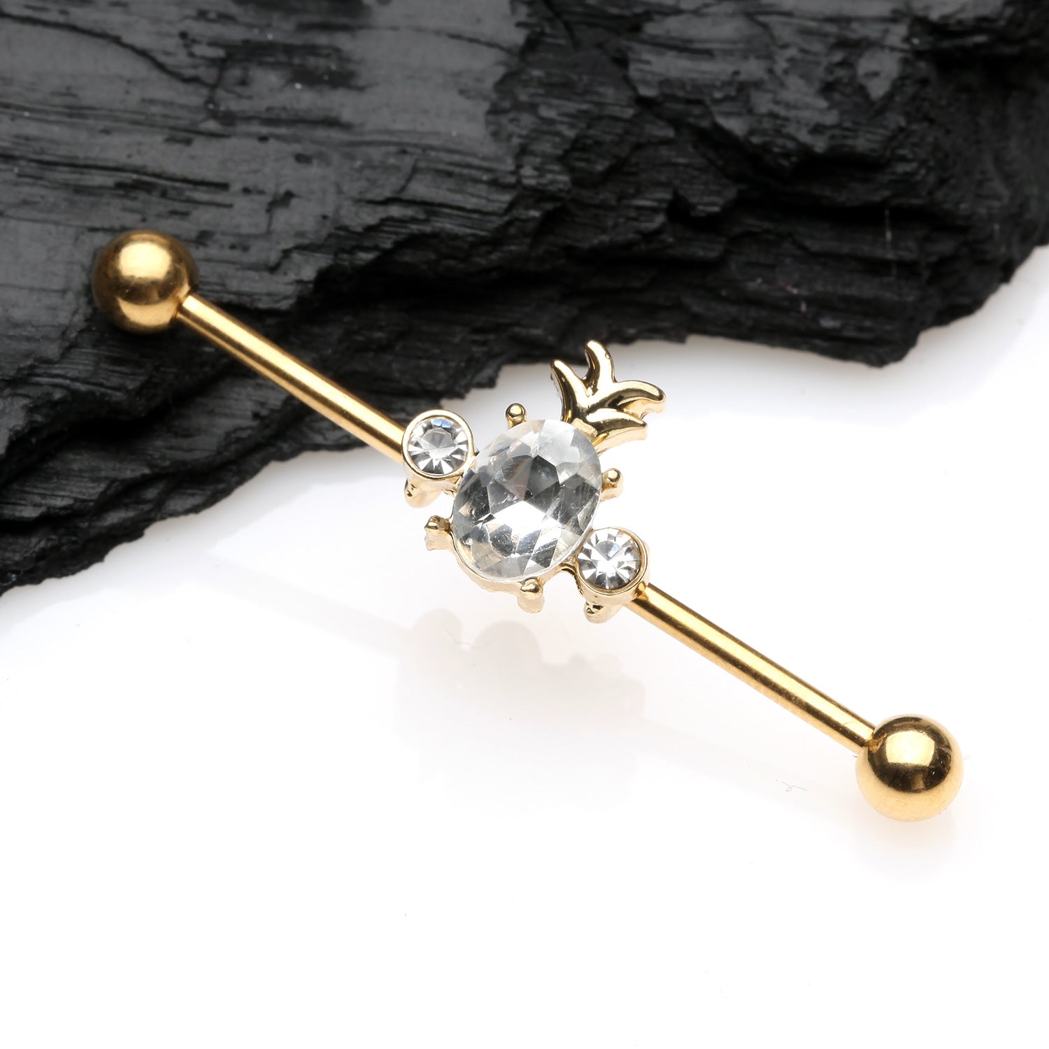 Detail View 1 of Golden Adorable Pineapple Sparkle Industrial Barbell-Clear Gem