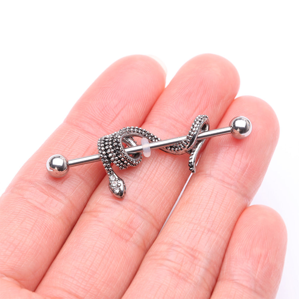 Detail View 2 of Antique Serpent Snake Sparkle Steel Industrial Barbell-Clear Gem