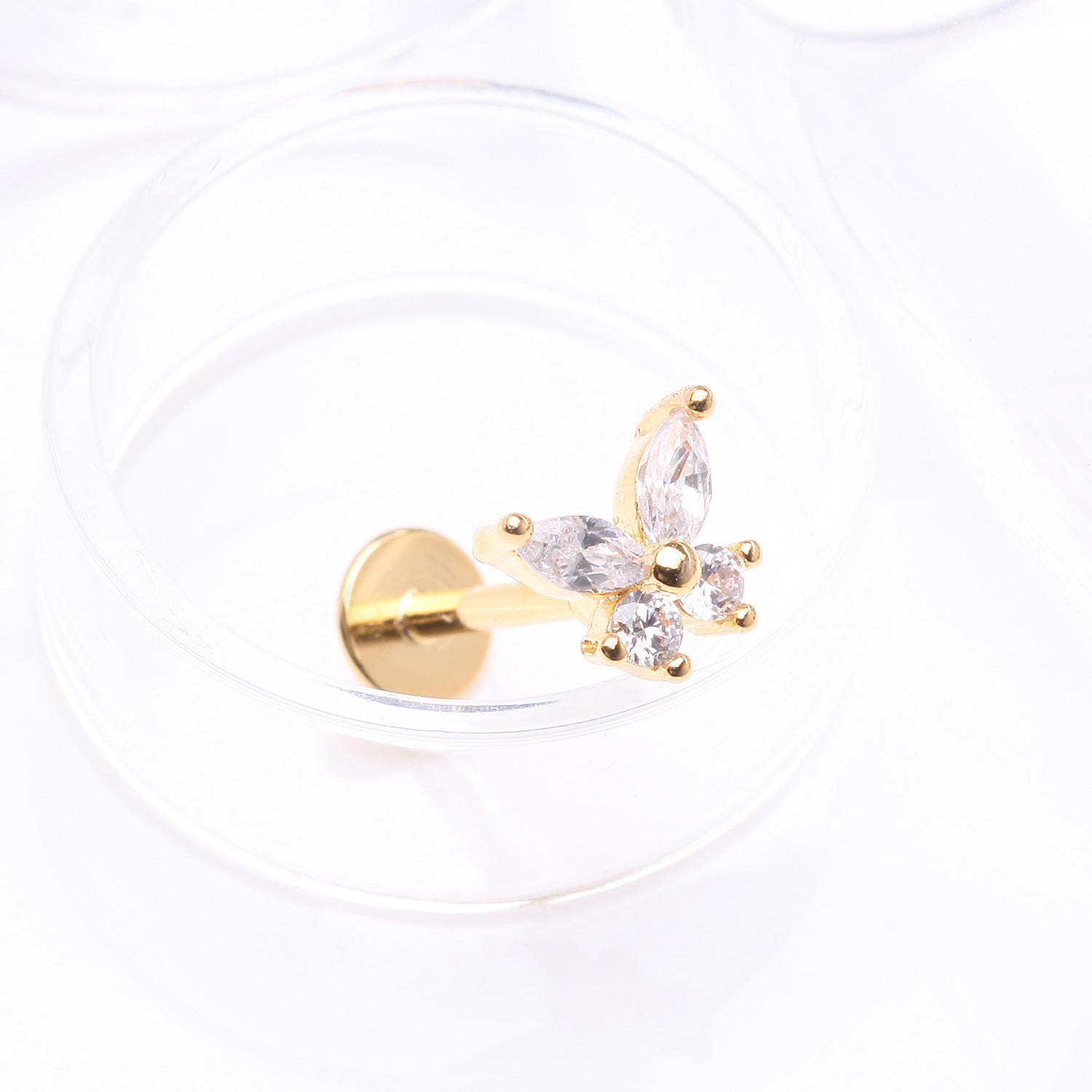 Detail View 1 of Golden Brilliant Sparkle Butterfly Prong Gem Top Flat Back Stud Labret-Clear Gem