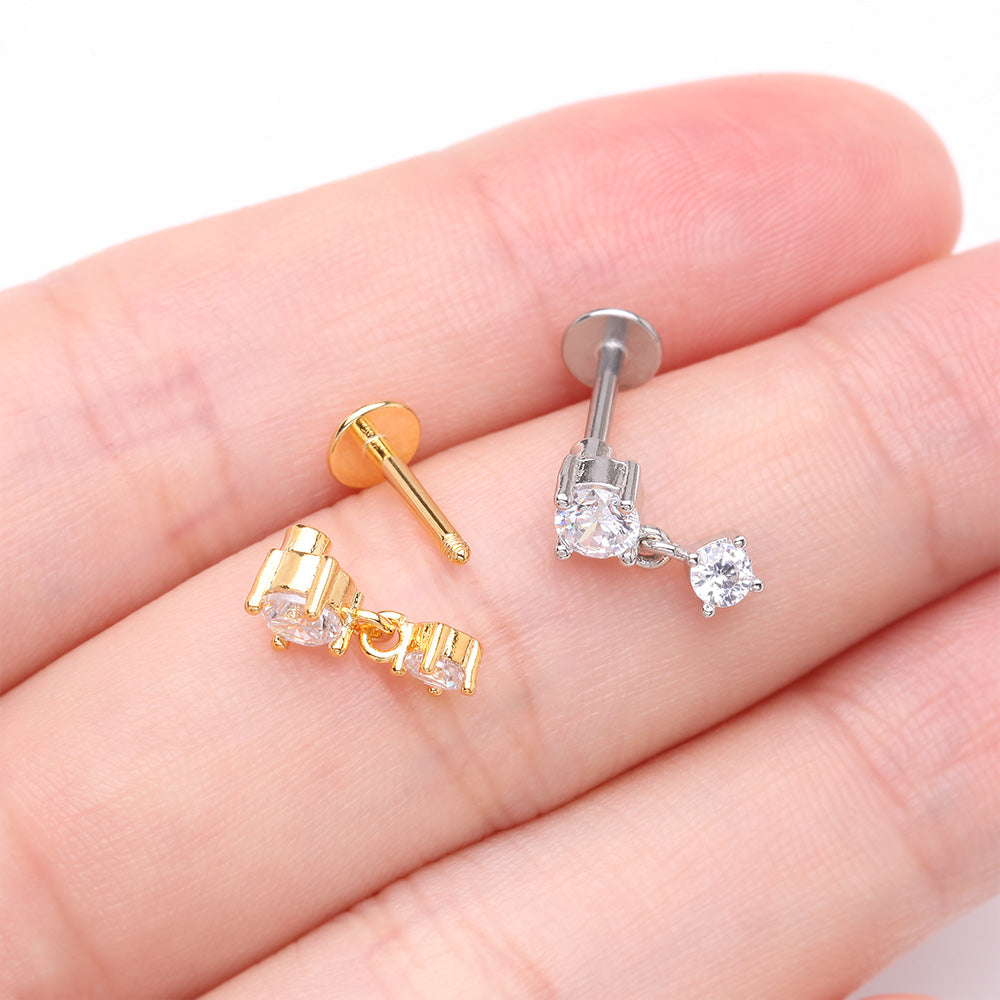 Detail View 3 of Golden Brilliant Sparkle Dainty Dangle Prong Gem Top Flat Back Stud Labret-Clear Gem