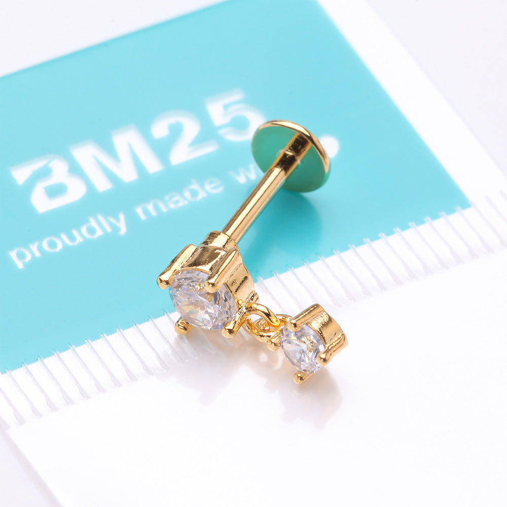 Detail View 4 of Golden Brilliant Sparkle Dainty Dangle Prong Gem Top Flat Back Stud Labret-Clear Gem