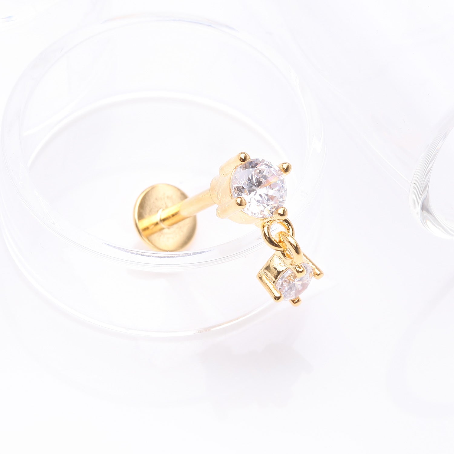Detail View 1 of Golden Brilliant Sparkle Dainty Dangle Prong Gem Top Flat Back Stud Labret-Clear Gem