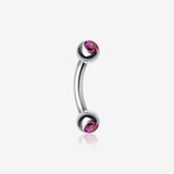 Double Gem Ball Curved Barbell Eyebrow Ring-Fuchsia