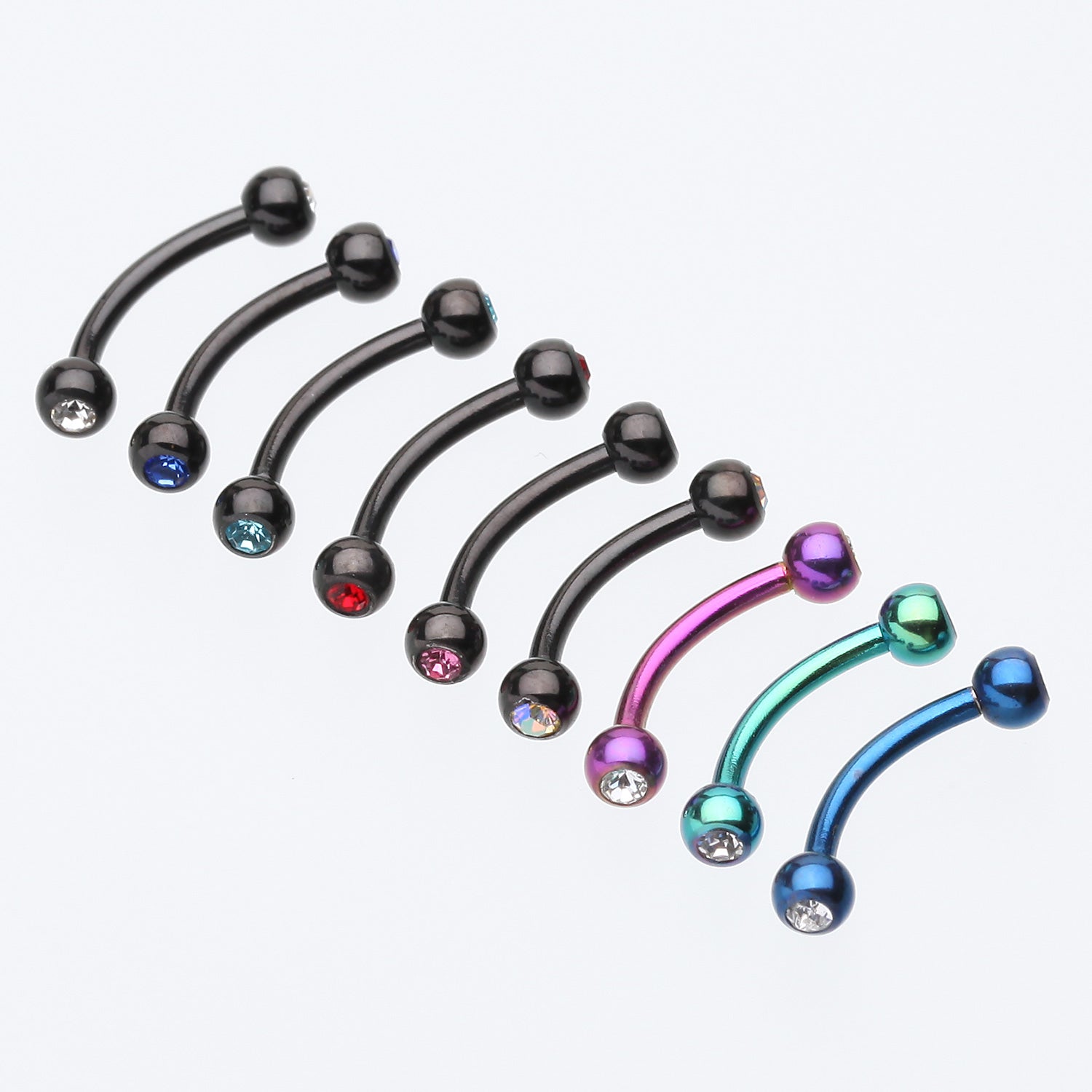 Detail View 1 of Colorline PVD Double Gem Ball Curved Barbell Eyebrow Ring-Green/Clear