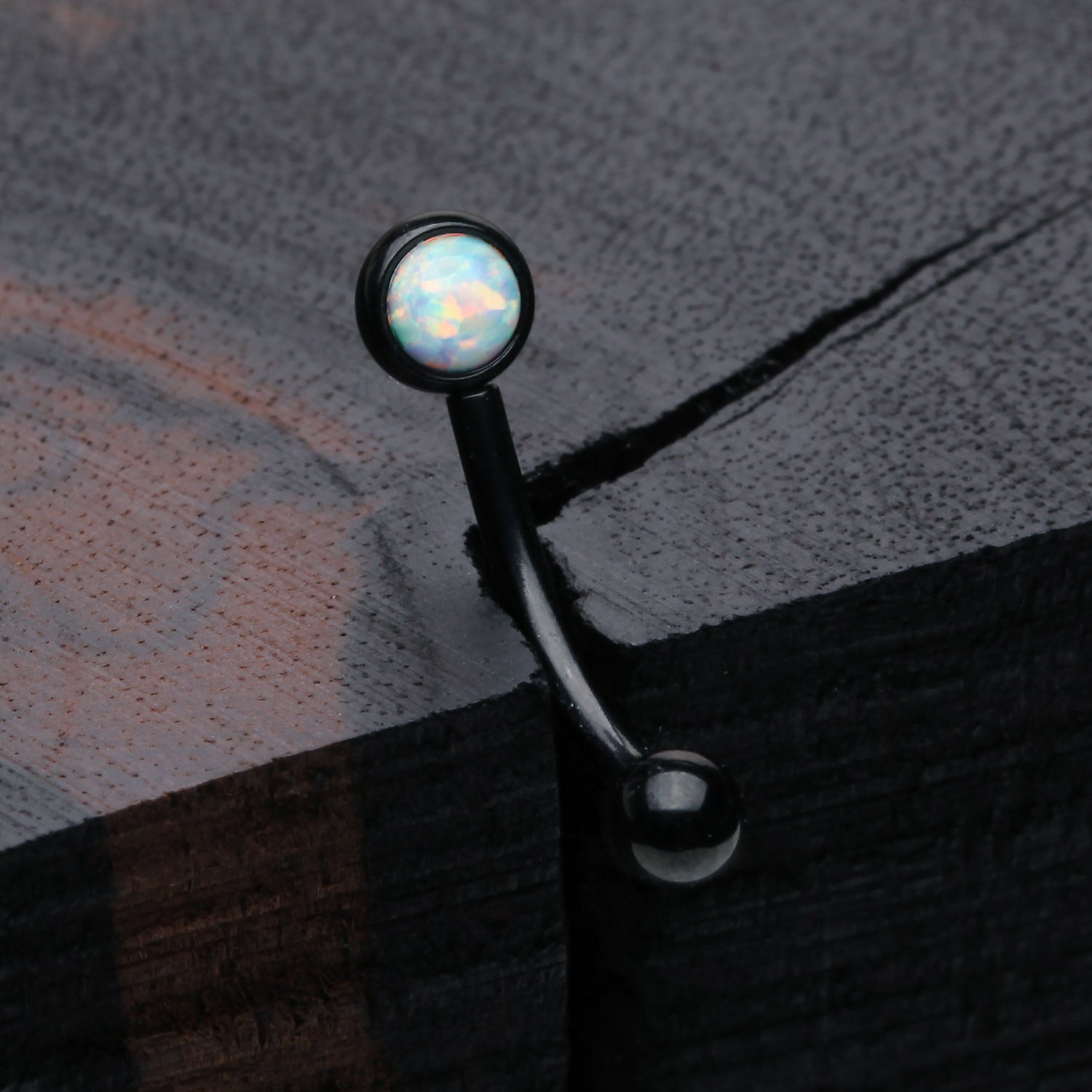 Detail View 1 of Blackline Fire Opal Press Fit Sparkle Curved Barbell-White Opal