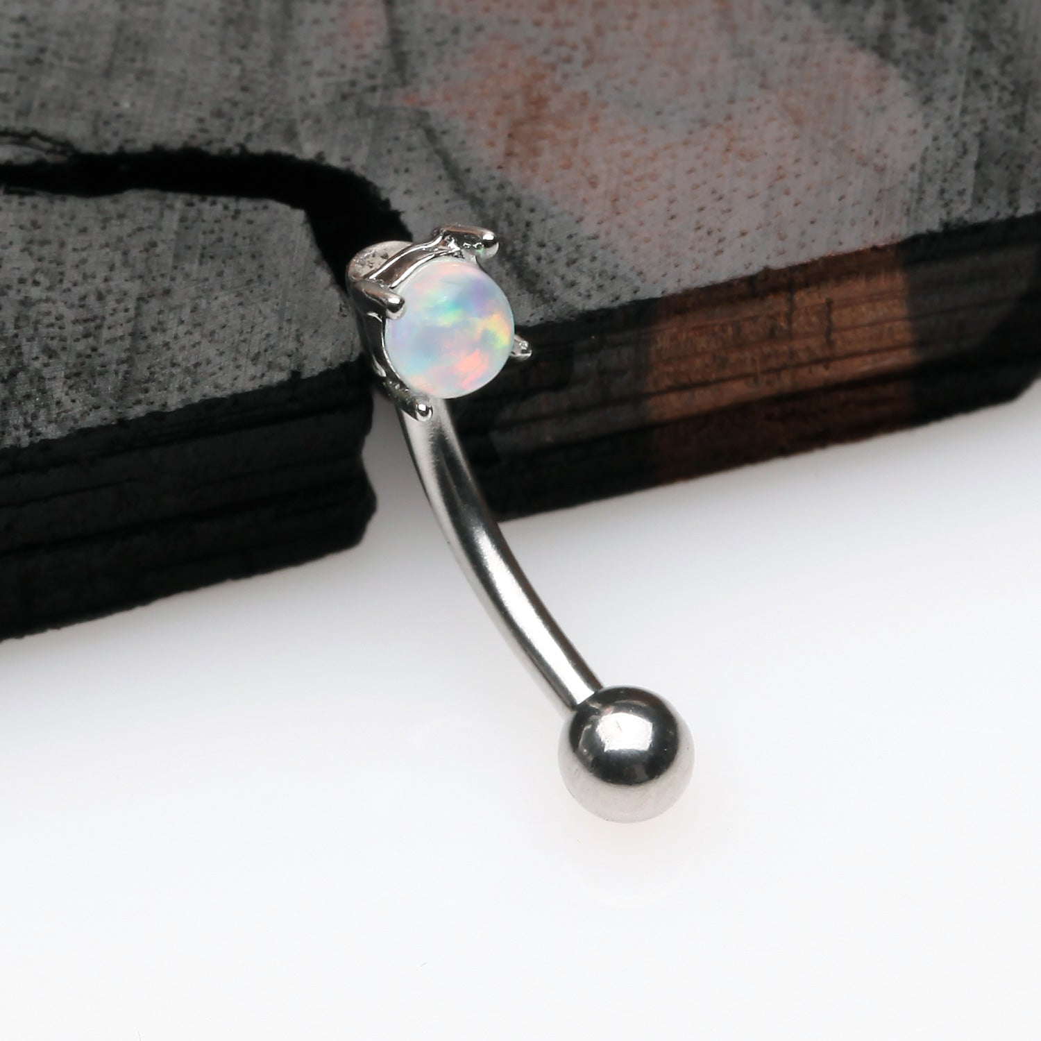 Detail View 1 of Fire Opal Prong Set Sparkle Curved Barbell-White Opal