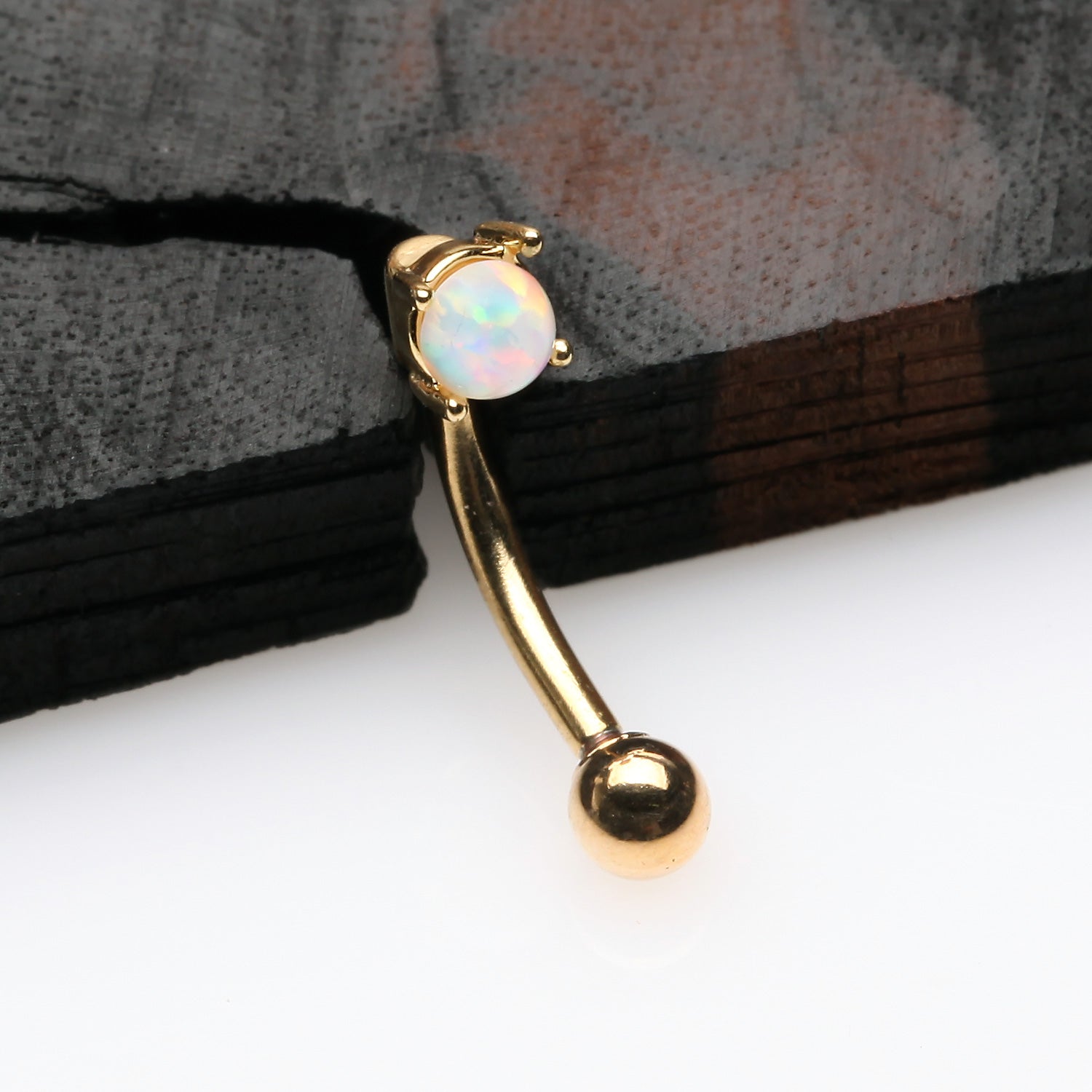 Detail View 1 of Golden Fire Opal Prong Set Sparkle Curved Barbell-White Opal