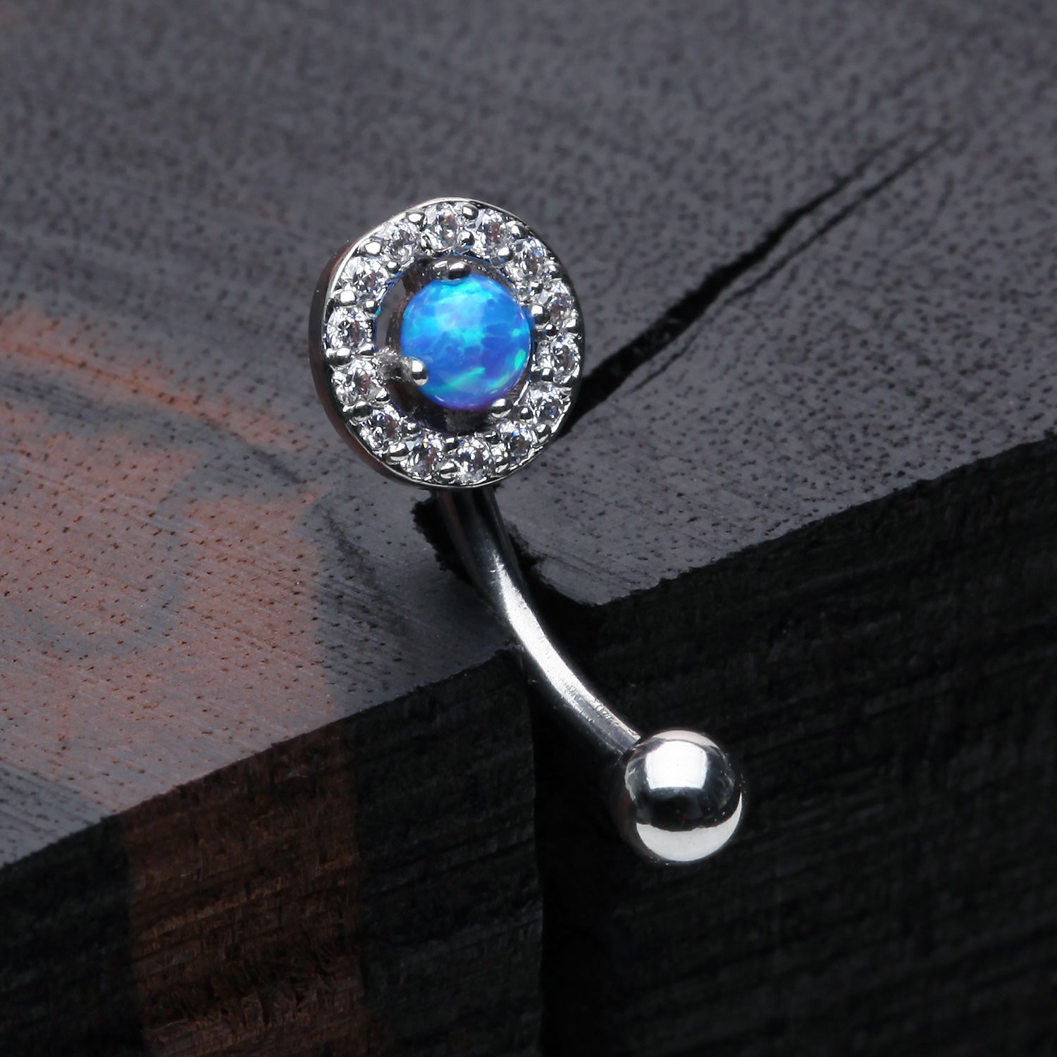 Detail View 1 of Brilliant Sparkle Gems Fire Opal Prong Set Curved Barbell-Blue Opal