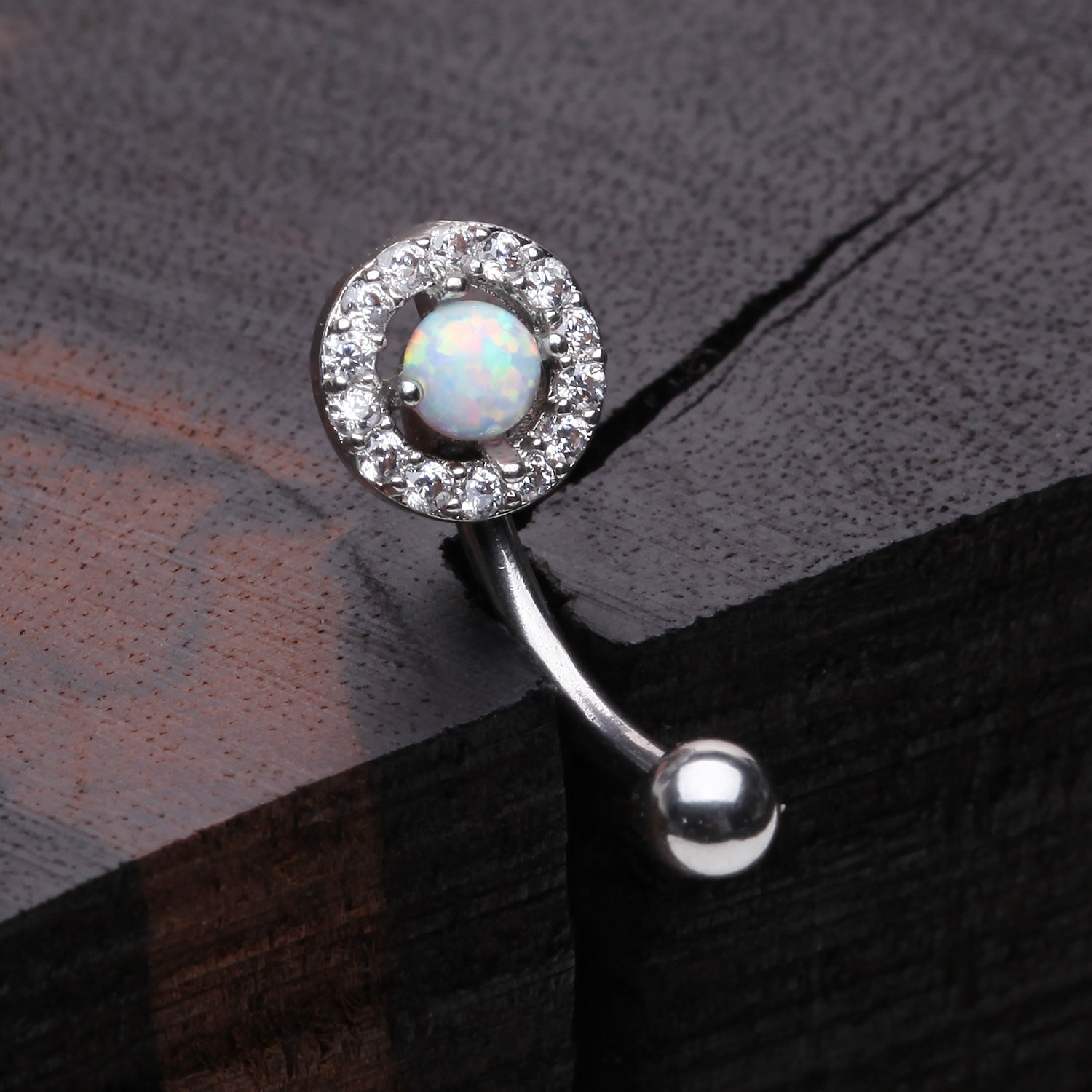 Detail View 1 of Brilliant Sparkle Gems Fire Opal Prong Set Curved Barbell-White Opal