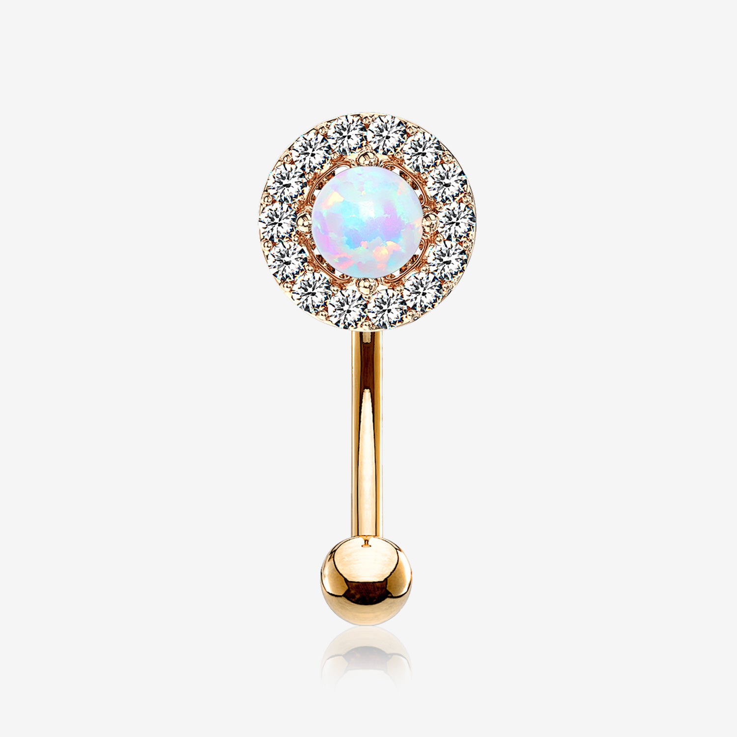 Rose Gold Brilliant Sparkle Gems Fire Opal Prong Set Curved Barbell-White Opal