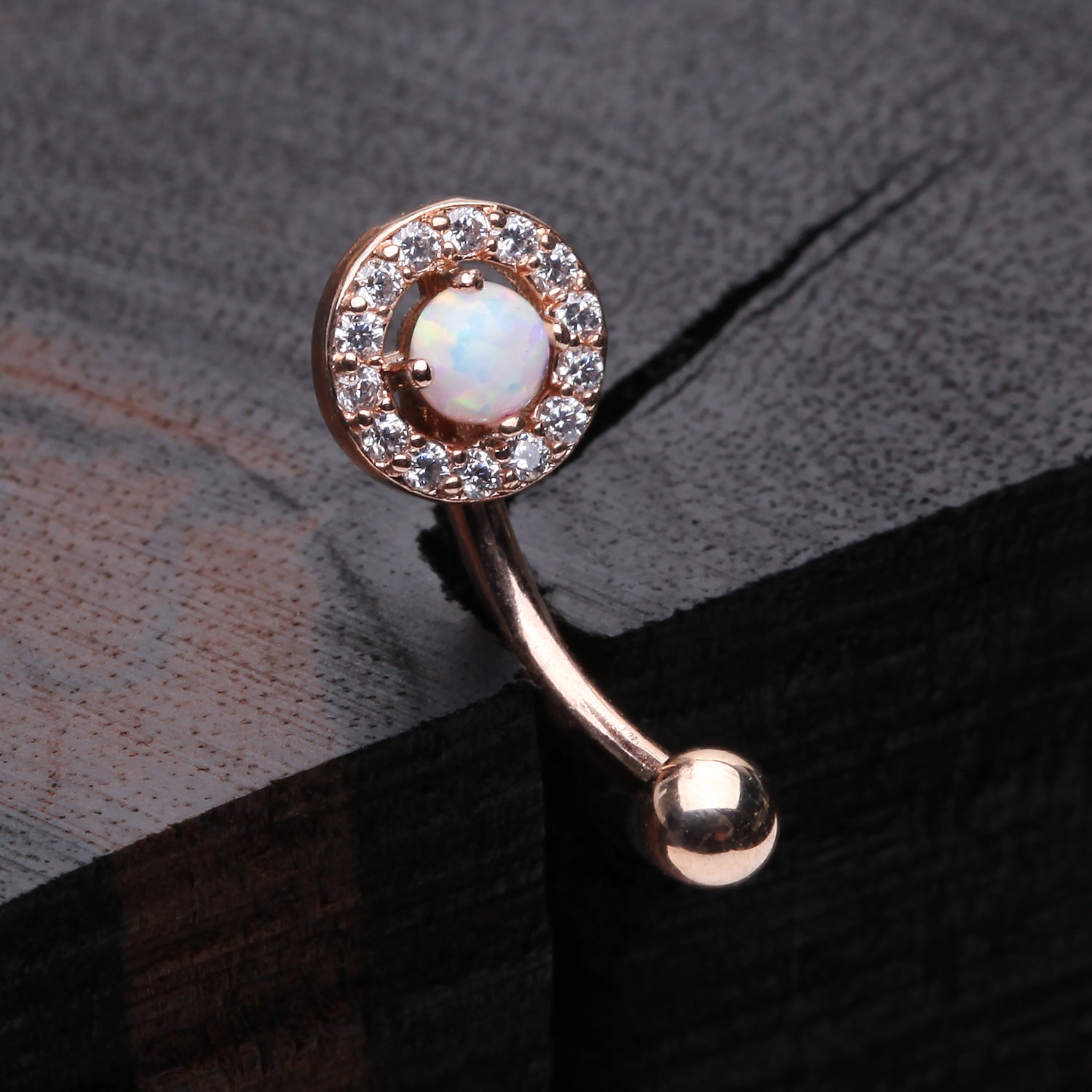 Detail View 1 of Rose Gold Brilliant Sparkle Gems Fire Opal Prong Set Curved Barbell-White Opal