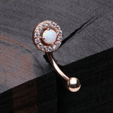Detail View 1 of Rose Gold Brilliant Sparkle Gems Fire Opal Prong Set Curved Barbell-White Opal