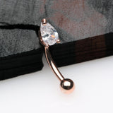 Detail View 1 of Rose Gold Teardrop Gem Sparkle Prong Set Curved Barbell-Clear Gem