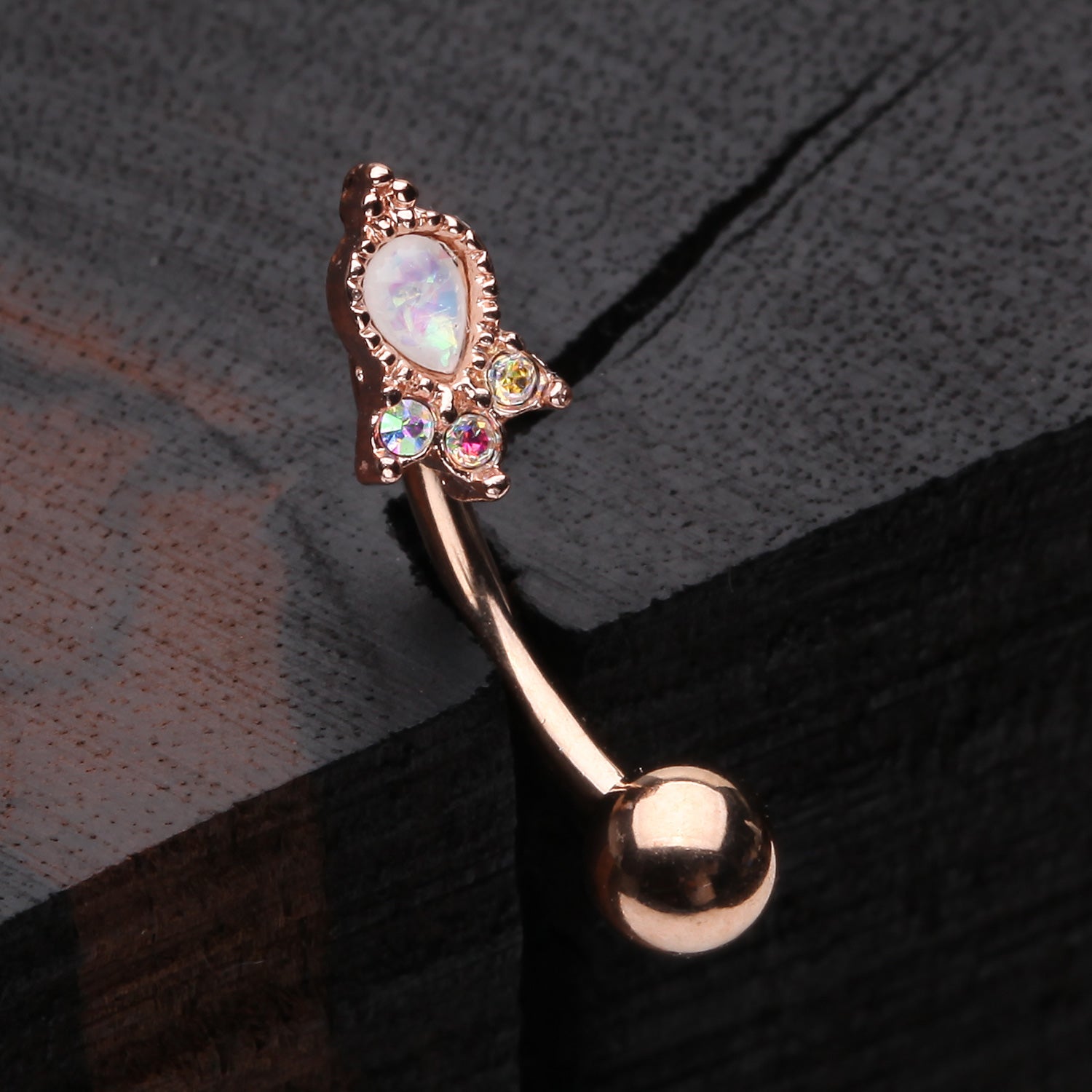 Rose Gold Victorian Adorn Opalescent Sparkle Curved Barbell-White/Aurora Borealis